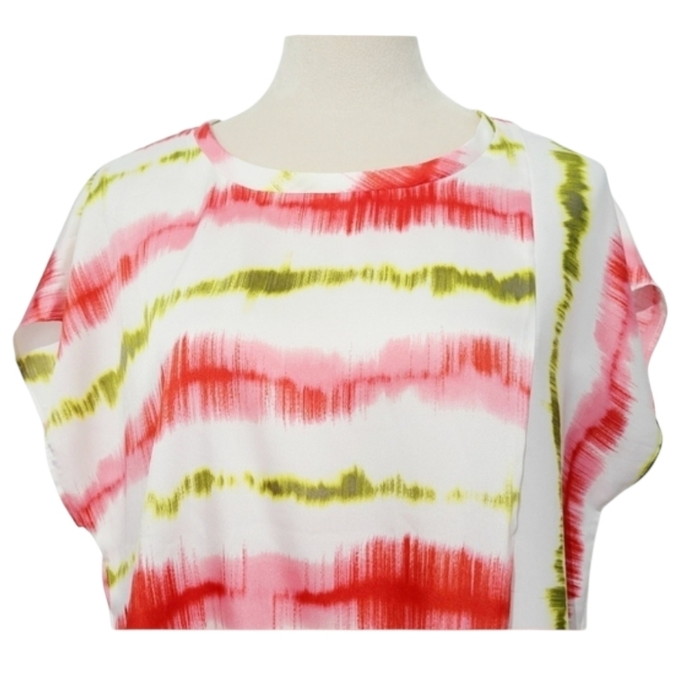 DKNY Tie Front Blouse Top Women’s M Red Green Abstract Stripe Short Sleeve - Picture 6 of 11